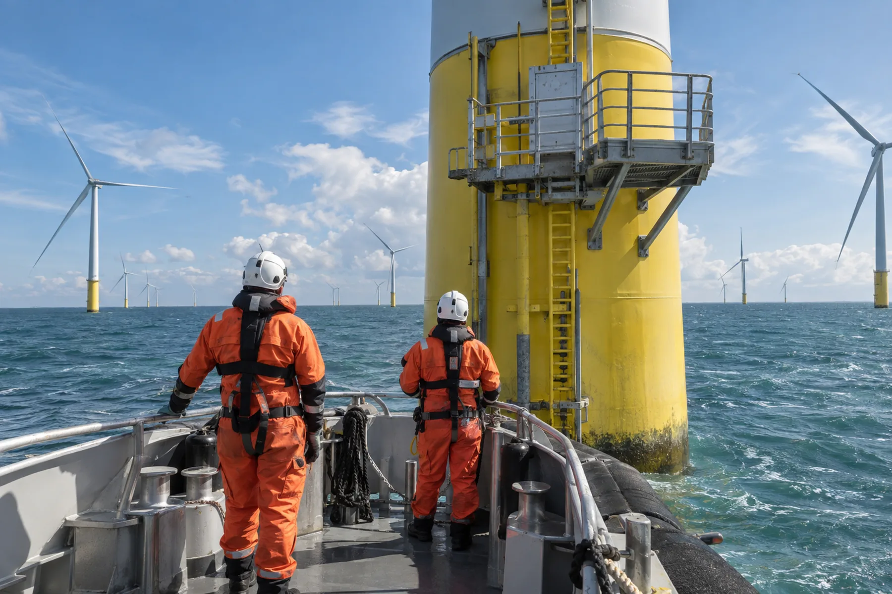 Technicians on a crew transfer vessel at the base of an offshore wind turbine, more turbines beyond