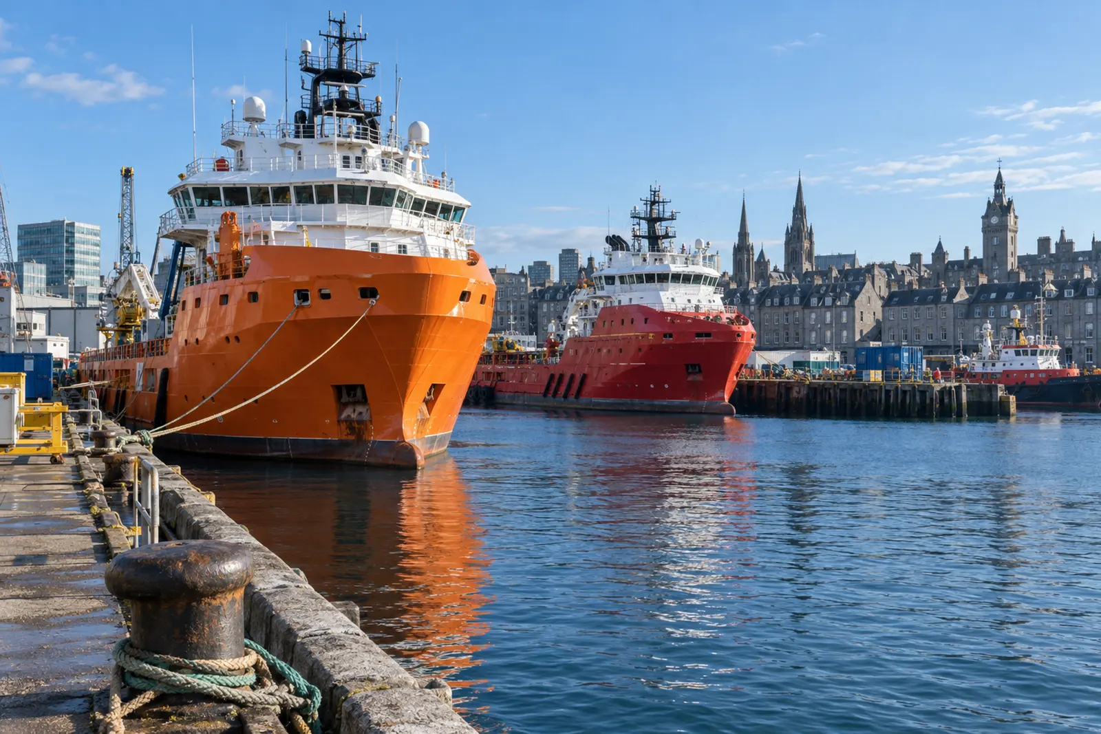 Offshore supply vessels moored at Aberdeen harbour on a bright morning.