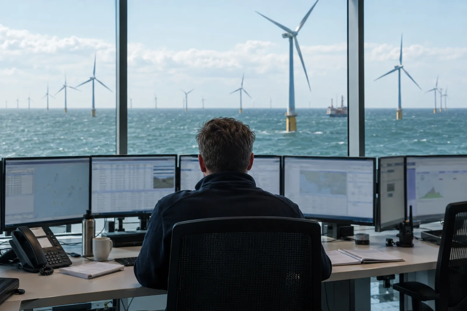 Operator at a wall of screens in a wind farm control room, rows of offshore turbines through the window.