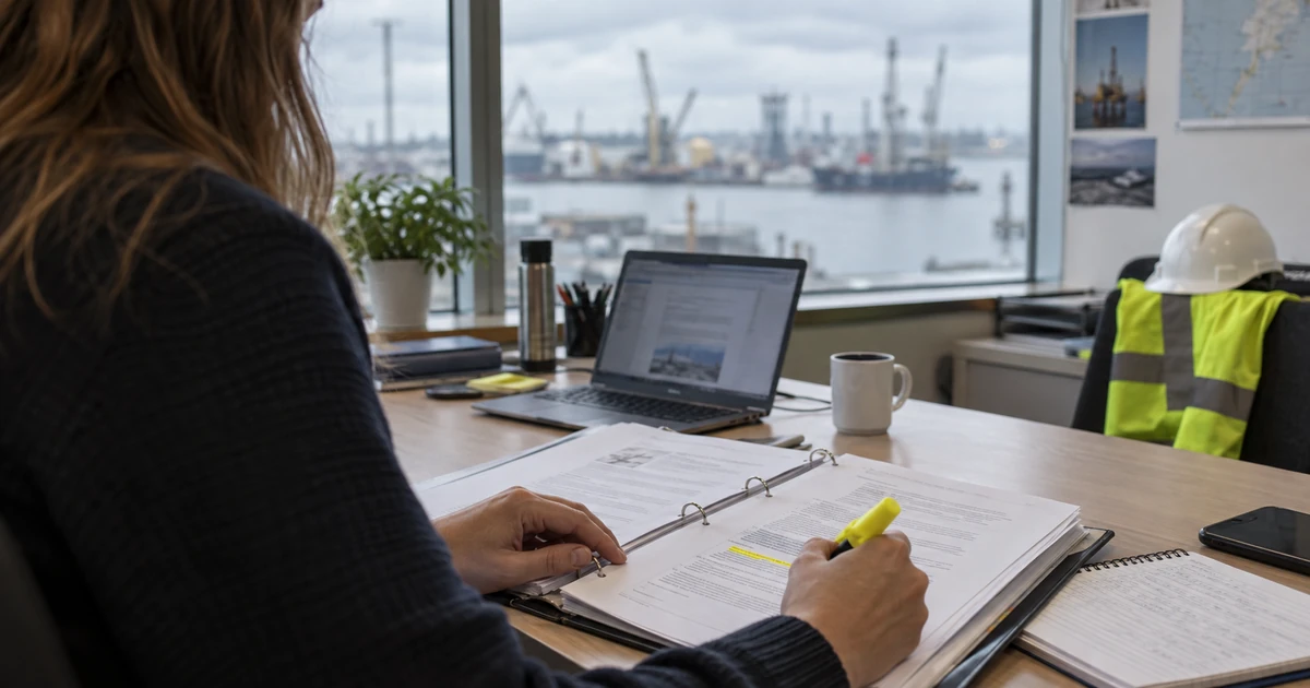 An engineer highlights a line in a printed procedure at a desk overlooking a harbour, with a hard hat and hi-vis vest nearby.