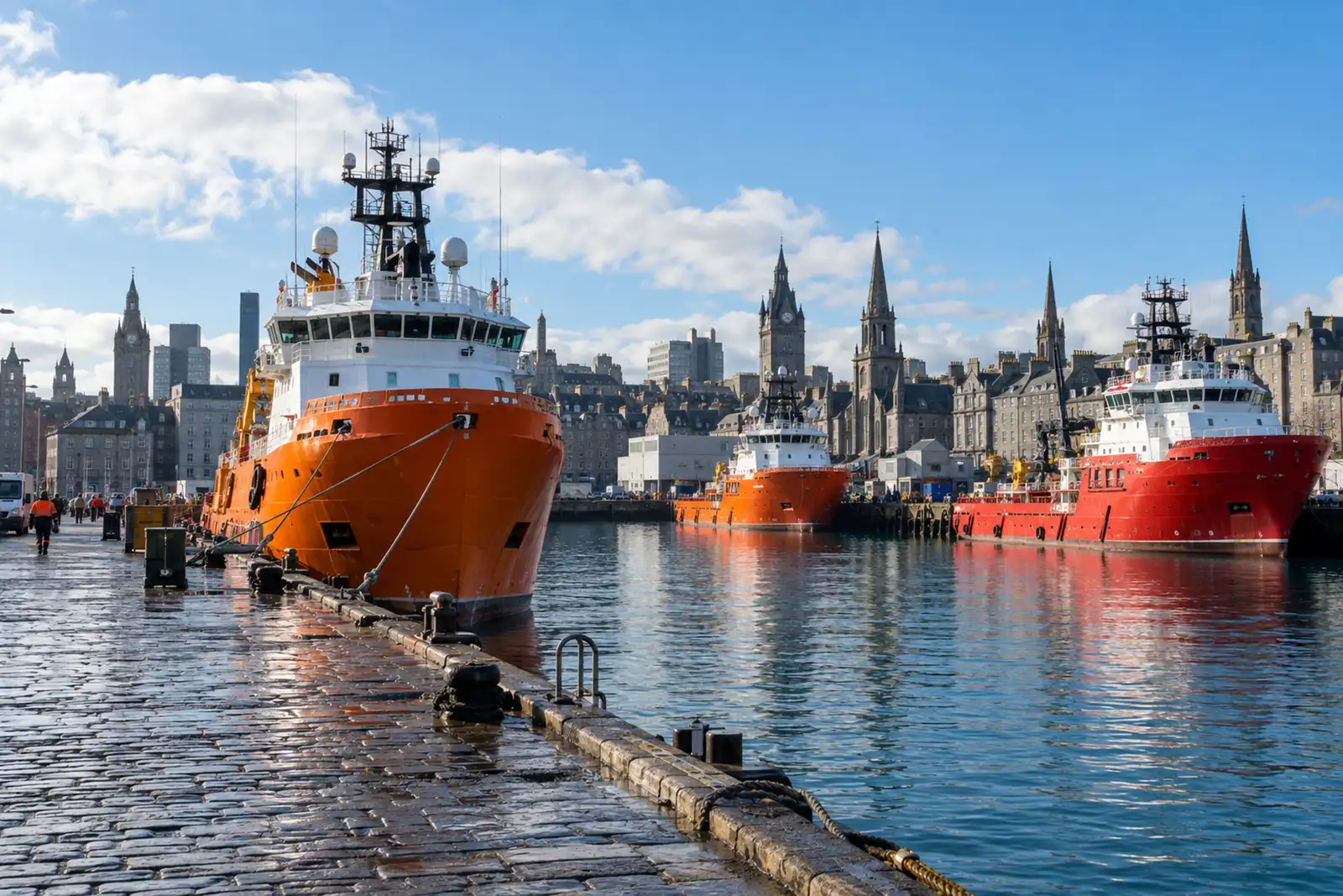Aberdeen harbour on a bright morning, supply vessels moored along the quay
