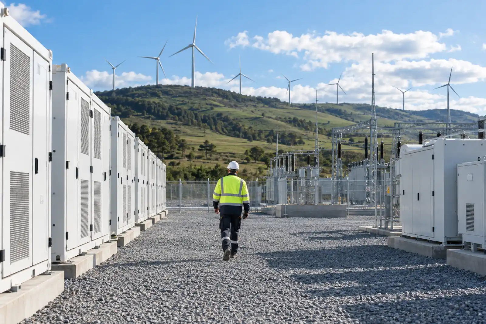 An engineer walking between battery storage containers and a substation, wind turbines on the hills behind