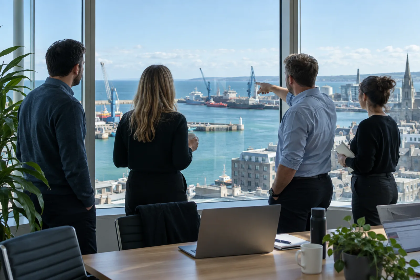 A small team at a large office window, looking out over the harbour and the North Sea