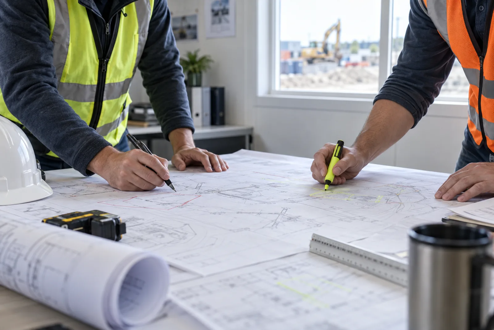 Two engineers marking up printed drawings on a plan table in a site office